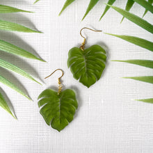 Load image into Gallery viewer, Frosted Green Monstera Earrings (Acrylic)