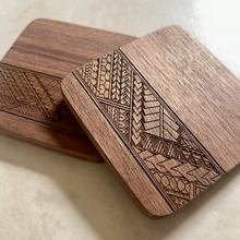 Load image into Gallery viewer, 3.5" Tribal Engraved Walnut Wood Coasters v1 (Square, Set of 2)