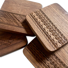 Load image into Gallery viewer, 3.5" Tribal Engraved Walnut Wood Coasters v1 (Square, Set of 2)