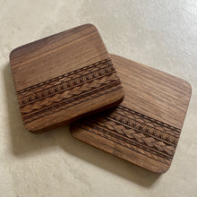 Load image into Gallery viewer, 3.5" Tribal Engraved Walnut Wood Coasters v1 (Square, Set of 2)