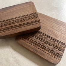 Load image into Gallery viewer, 3.5" Tribal Engraved Walnut Wood Coasters v1 (Square, Set of 2)