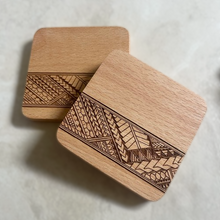 Load image into Gallery viewer, 3.5" Tribal Engraved Beechwood Coasters v1 (Square, Set of 2)