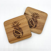 Load image into Gallery viewer, 3.5" Pineapple Tribal Engraved Acacia Wood Coasters (Square, Set of 2)