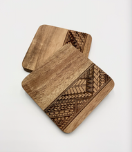 Load image into Gallery viewer, 3.5" Tribal Engraved Acacia Wood Coasters v1 (Square, Set of 2)