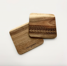 Load image into Gallery viewer, 3.5" Tribal Engraved Acacia Wood Coasters v2 (Square, Set of 2)