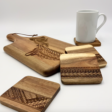 Load image into Gallery viewer, 3.5" Tribal Engraved Acacia Wood Coasters v1 (Square, Set of 2)