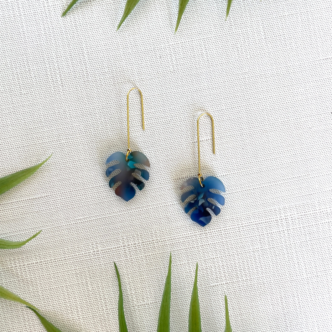 Mini Monstera Drop Bar Earrings - Milky Blue Chunky Glitter (Acrylic)