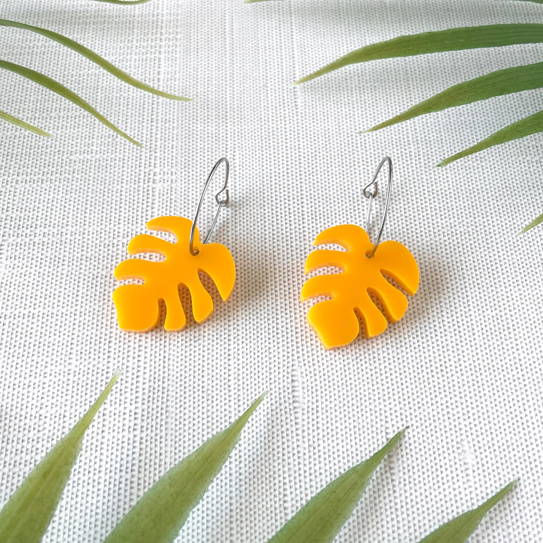 Mini Monstera Hoop Earrings - Sunset Yellow (Acrylic)