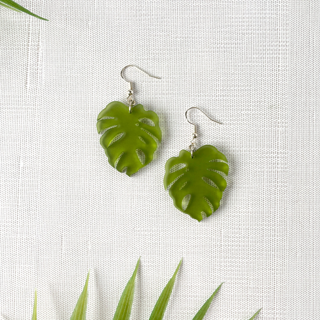 Frosted Green Monstera Earrings v2 (Acrylic)