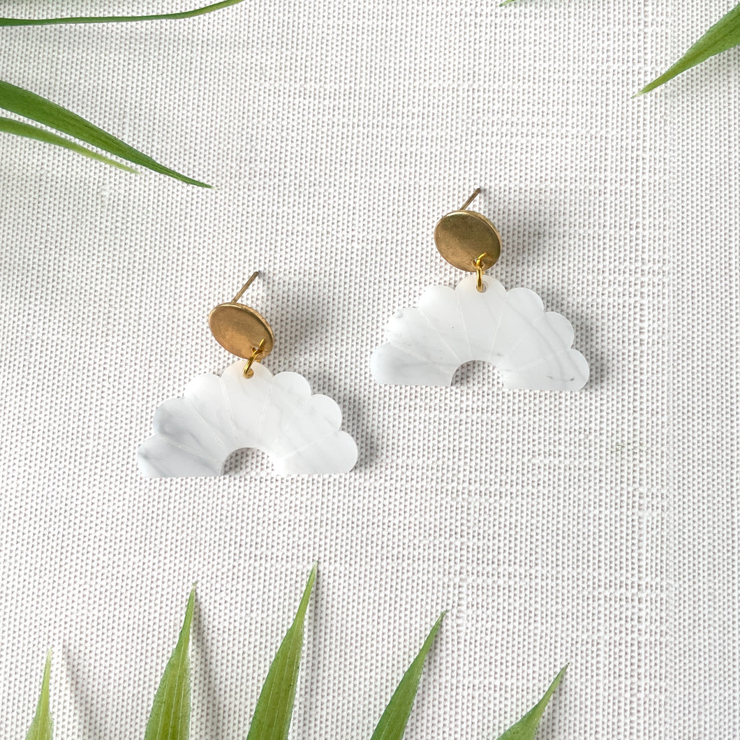 Fan Statement Stud Earrings - White Marble (Acrylic)