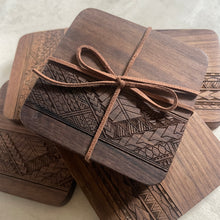 Load image into Gallery viewer, 3.5" Tribal Engraved Walnut Wood Coasters v1 (Square, Set of 2)
