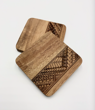 Load image into Gallery viewer, 3.5&quot; Tribal Engraved Acacia Wood Coasters v1 (Square, Set of 2)
