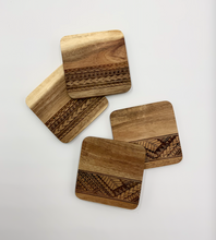 Load image into Gallery viewer, 3.5&quot; Tribal Engraved Acacia Wood Coasters v1 (Square, Set of 2)
