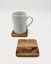 Load image into Gallery viewer, 3.5&quot; Tribal Engraved Acacia Wood Coasters v1 (Square, Set of 2)
