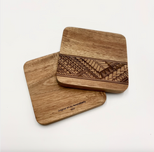 Load image into Gallery viewer, 3.5&quot; Tribal Engraved Acacia Wood Coasters v1 (Square, Set of 2)
