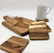 Load image into Gallery viewer, 3.5&quot; Tribal Engraved Acacia Wood Coasters v1 (Square, Set of 2)
